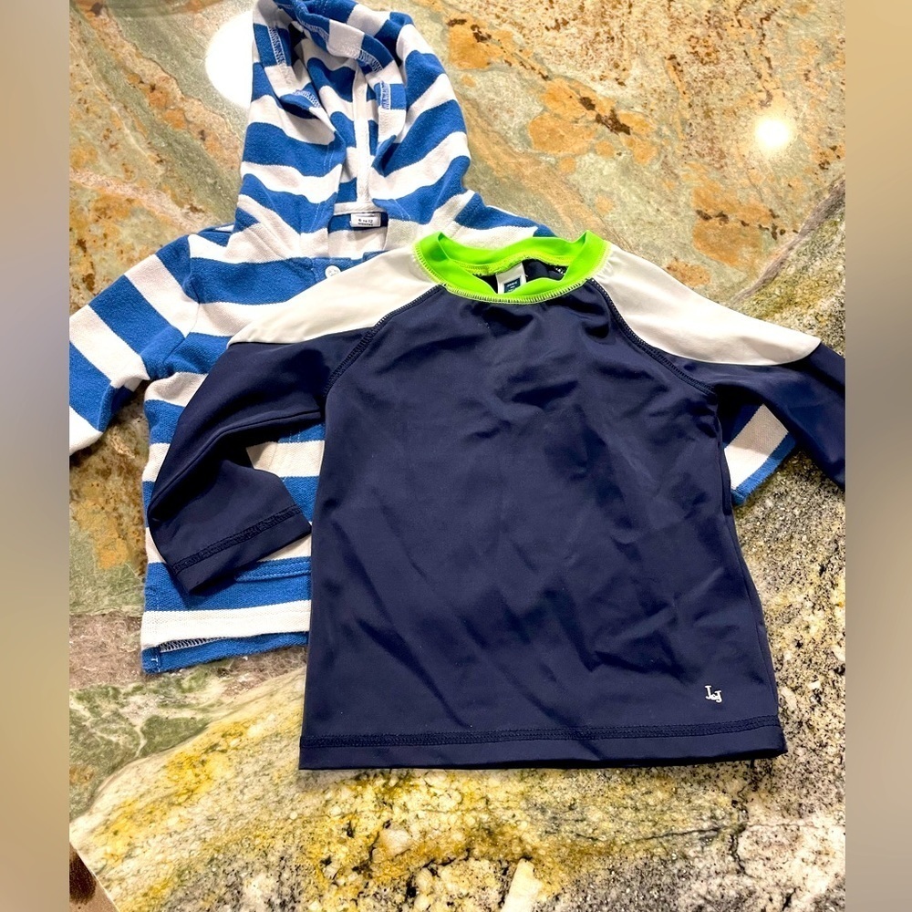 JANIE AND JACK COLORBLOCK RASH GUARD shirt AND STRIPED terry SWEATSHIRT-6-12 mos